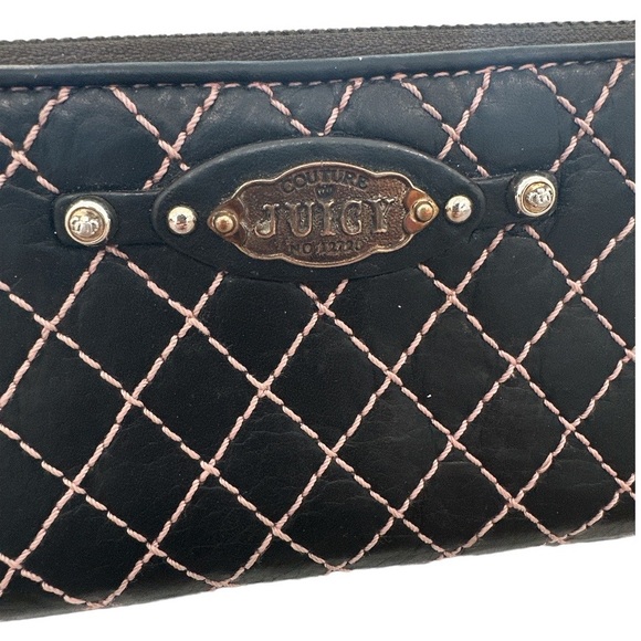 Juicy Couture Brown Leather Wallet Pink Stitching Y2K - Picture 2 of 12